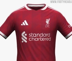 利物浦26-27赛季主场球衣谍照：采用深红色调+白色细节装饰